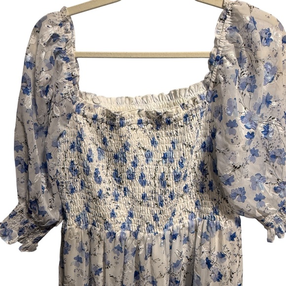 Baltic Born Fabian Jacquard Midi Dress XL White Blue Floral Sheer Sleeve Tiered - Picture 6 of 14